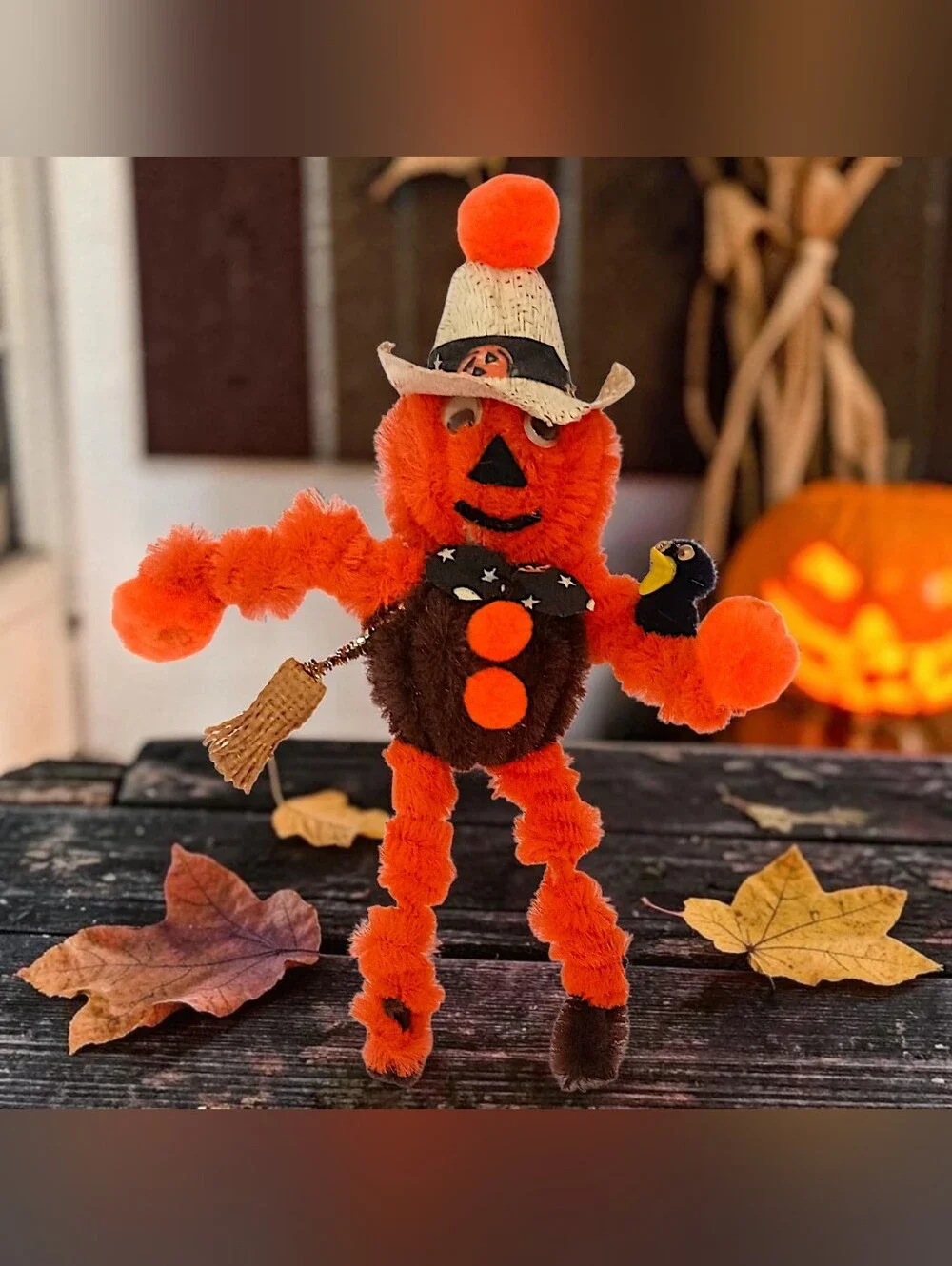 Vtg 70s Pumpkin Halloween Magnet Chenille Pipe Cleaner Scarecrow Googly Eyes